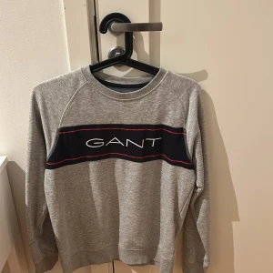 Grå sweatshirt från GANT - Snygg grå sweatshirt från GANT med ett mörkblått band och röd detalj över bröstet. Tröjan har långa ärmar och rund halsringning. Perfekt för en avslappnad stil.
