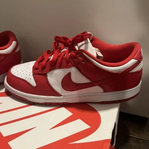 Nike Dunk Low University Red - Snygga Nike Dunk Low i färgen University red. De är i riktigt bra skick, storlek Eu 45. Kartongen finns kvar. Tveka inte att höra av er vid minsta lilla fundering!