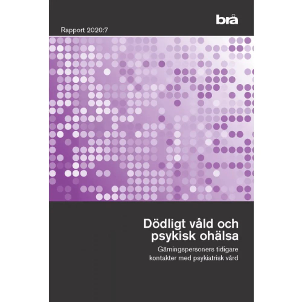 I denna kartläggning beskrivs det dödliga våldet med fokus på gärningspersoners psykiska ohälsa och dess omfattning, karaktär och utveckling över tid.     Format Häftad   Omfång 90 sidor   Språk Svenska   Förlag Norstedts Juridik   Utgivningsdatum 2020-08-12   ISBN 9789188599353  . Böcker.