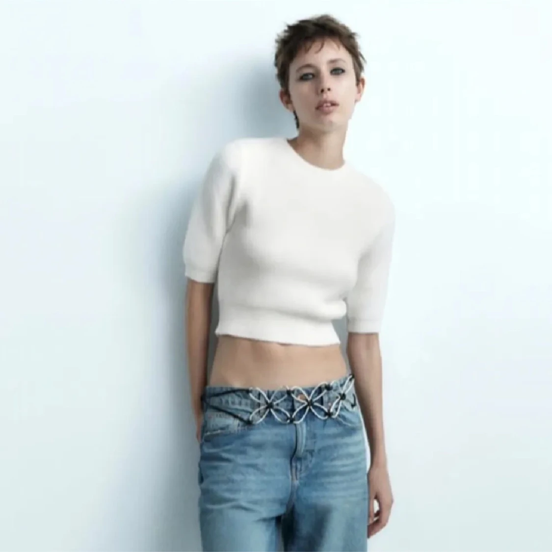 Vit stickad trekvarts tröja från Zara - 90