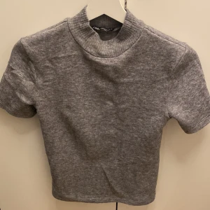 Grå kortärmad tröja från Zara - Säljer en stilren grå kortärmad tröja från Zara. Perfekt för både vardag och lite finare tillfällen. Tröjan är i mjukt material och har en ribbad krage som ger en snygg detalj. Passar perfekt till jeans eller kjol!