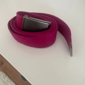 Rosa tygbälte med metallspänne - Säljer ett snyggt rosa tygbälte med ett stilrent metallspänne. Perfekt för att ge lite färg till din outfit. Bältet är justerbart och passar de flesta storlekar. Ett måste för garderoben!