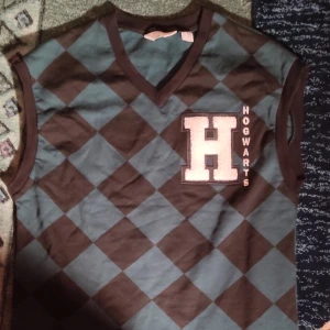 Svart och blå rutig Hogwarts-väst - Säljer en cool brun och grå rutig väst med Hogwarts-tema. Den har en stor bokstav 'H' och texten 'Hogwarts' på bröstet. Västen är v-ringad och perfekt för fans av magi och äventyr. Passar bra till både vardag och speciella tillfällen! Det säger att det är för barn men den är väldigt stor i storleken skulle passa en M