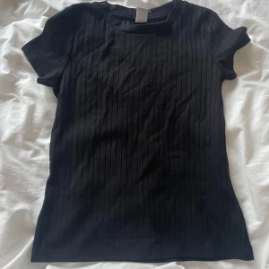 Svart ribbad topp från Lindex - Säljer en svart ribbad topp från Lindex i storlek 146/152. Toppen har korta ärmar och en klassisk rund halsringning. Perfekt för en stilren och enkel look.