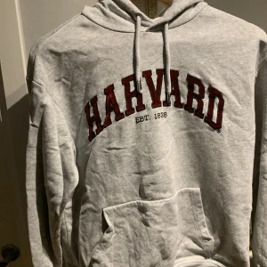 Grå Harvard hoodie - Säljer en grå hoodie med Harvard-tryck i rött och svart. Den har en klassisk känguruficka och justerbar huva med dragsko. Perfekt för en avslappnad stil.