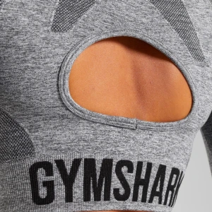 Grå croppad träningstopp från Gymshark - Snygg och funktionell grå croppad träningstopp från Gymshark med lång ärm och ett unikt hålmönster på ryggen. Perfekt för gymmet eller andra träningsaktiviteter. Tillverkad i ett stretchigt material för optimal rörelsefrihet. OBS! Liten i storlek!! OBS! Står inte för frakt!