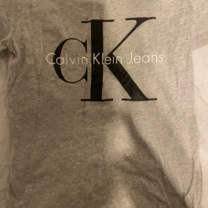 Grå t-shirt från Calvin Klein Jeans - Snygg grå t-shirt från Calvin Klein Jeans med stort svart 'CK' tryck på framsidan. Perfekt för en avslappnad stil med en touch av lyx. Tillverkad i mjukt material för extra komfort. Liten defekt på framsidan men omärkbart.