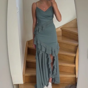 Balklänning - Säljer min fina balklänning med volanger i en unik mörk turkosa färg💞Storlek xs men insydd i midjan. Köpt här på plick men nyskick är 1300 kr. Skicket är ganska använt, med mindre maskor och någon liten fläck, men inget hål eller något stort som syns tydligt☺️Fråga om fler bilder💕