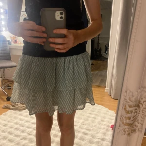 Grön kortkjol med volang - Säljer en söt grön kortkjol med volangdetaljer. Kjolen har ett vågigt mönster och är perfekt för en avslappnad stil. Den är lätt och luftig, vilket gör den idealisk för varmare dagar.