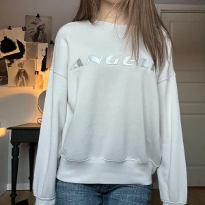 Grå sweatshirt från H&M Divided - Säljer en grå sweatshirt från H&M Divided med texten 'ANGELIC' i storlek s. Tröjan har långa ärmar och en bekväm passform✨✨