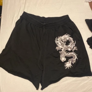 Svarta shorts med draktryck - Snygga svarta shorts från Shein med ett coolt vitt draktryck på ena benet. Perfekta för en avslappnad stil. De har en elastisk midja för extra komfort. Har fickor!! 