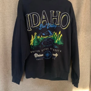 Svart tröja med Idaho-tryck från ASOS - Säljer en svart tröja från ASOS med ett coolt Idaho Sun Valley-tryck i färgerna gul, grön och blå. Tröjan har långa ärmar och är perfekt för en avslappnad stil. Den är i bra skick och passar perfekt för höst och vinter.