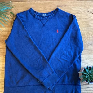 Blå tröja från Ralph Lauren - Säljer en snygg blå tröja från Ralph Lauren i storlek L (14-16). Den har en klassisk design med långärmade ärmar och ett rött broderat logotyp på bröstet. Perfekt för både höst och vår. Tröjan är i mycket bra skick och redo för nya äventyr!