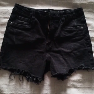 Svarta jeansshorts från LAB Industries - Säljer ett par svarta jeansshorts från LAB Industries. De har en cool, sliten look med fransiga kanter och en dragkedja framtill. Perfekta för en avslappnad stil!