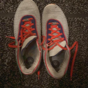 Nike sneakers med färgglad design - Snygga Nike sneakers med en unik färgkombination av grått, blått och orange. Skorna har röda snören och en mönstrad sula i blått och rosa. Perfekta för den som vill sticka ut med sin stil.