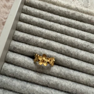 Guldfärgad ring med blomdetalj - Säljer en superfin guldfärgad ring med en vacker blomdetalj i mitten. Perfekt för att ge en extra touch till din outfit, oavsett om det är till vardags eller fest. Ringen har en elegant och tidlös design som passar alla tillfällen. 🌼