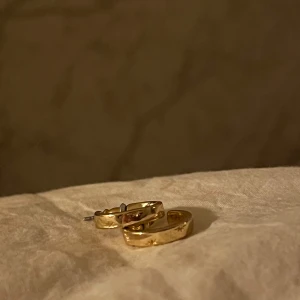 Guldiga örhängen i ringform - Säljer ett par snygga guldiga örhängen i ringform. De har en stilren och elegant design som passar perfekt till både vardag och fest. Örhängena är i mycket bra skick och ger en lyxig touch till vilken outfit som helst. Perfekta för att ge lite extra glans till din stil!