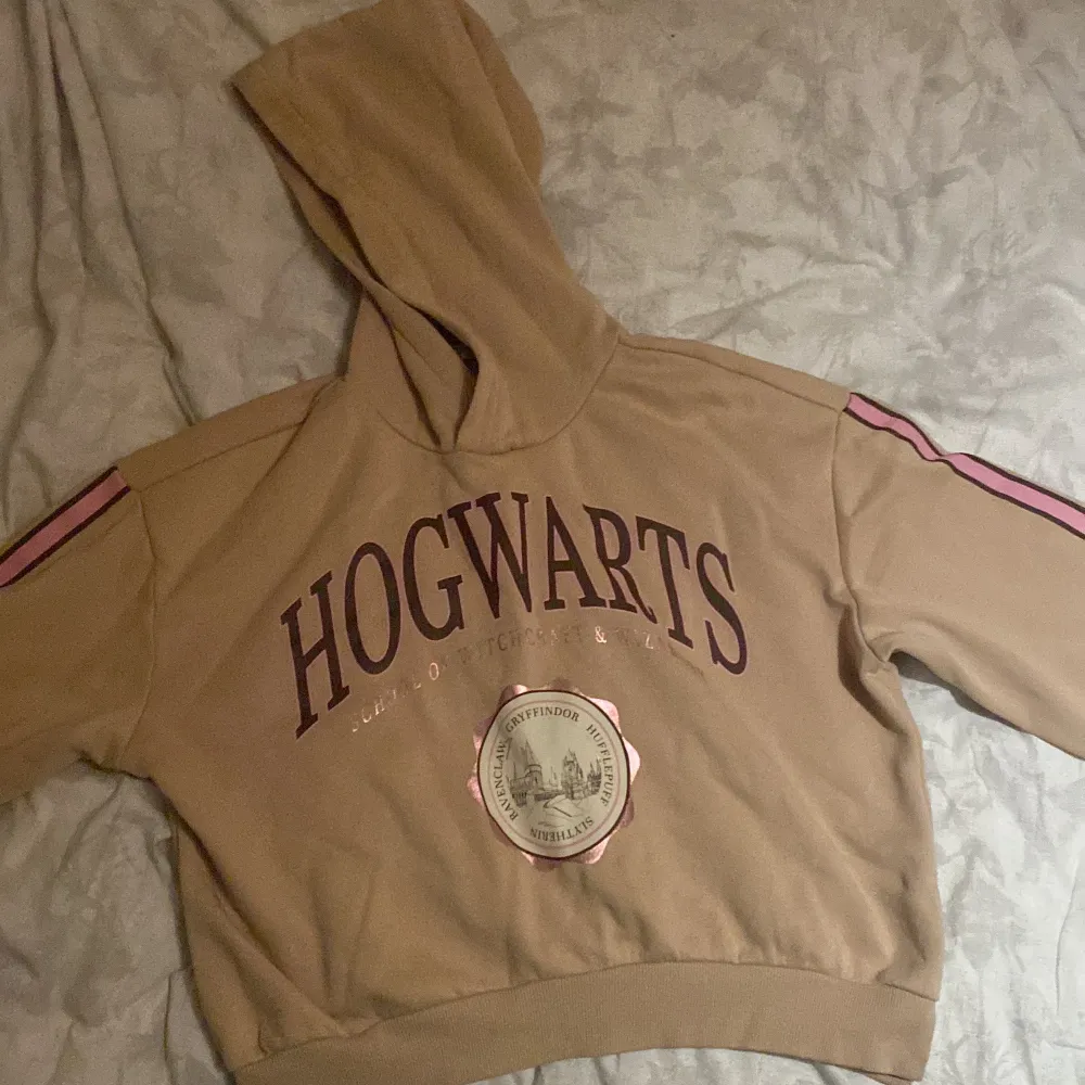En tröja med luva med Hogwarts text på,Har haft på den 1 gång. Hoodies.