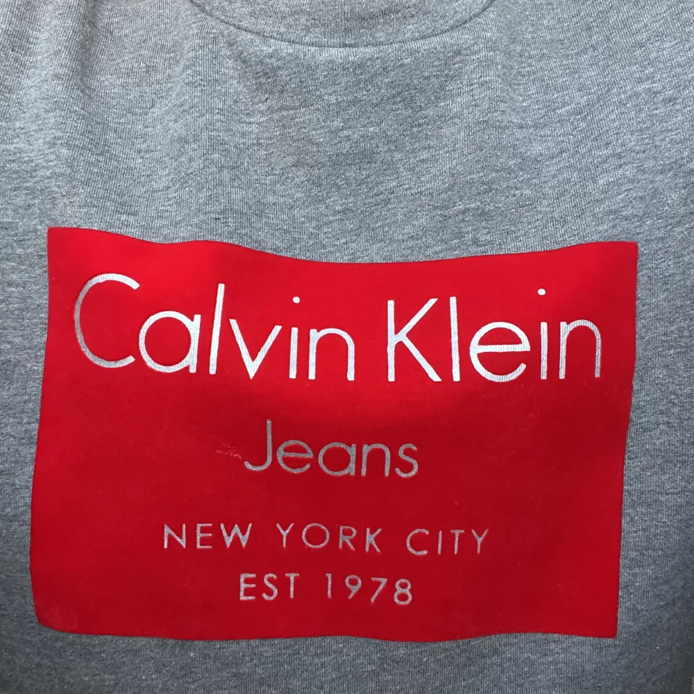 Grå sweatshirt från Calvin Klein med röd sammet tryck! Nästan aldrig använd och i bra skick! . Tröjor & Koftor.