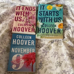 Colleen Hoover - Säljer böckerna It ends with us, It starts with us och November 9 av Colleen Hoover. Har läst It ends av oss en gång, dem andra har stått orörda i bokhyllan. Fint skick! Bara It ends with us som har ett märke, men det var så när jag köpte den.