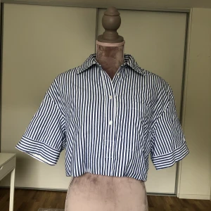 Croppad Skjorta  - Croppad skjorta i blå och vit, sitter som en magtröja med pösiga ärmar