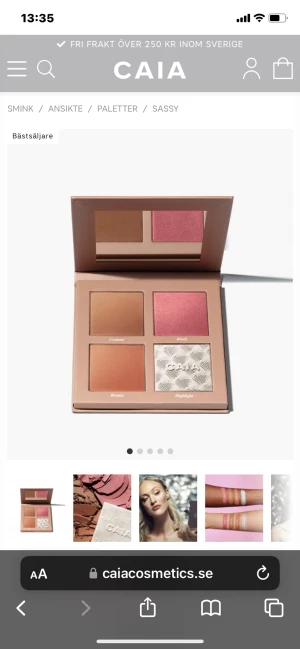 Caia  - En näst intill oanvänd Caia palett i färgen sassy. Innehåller en bronzer, higligighter, blush och countor där higlightern och coutorn är endast lite använda annars är den så gott som ny💕 originalpris 395, mitt pris 140