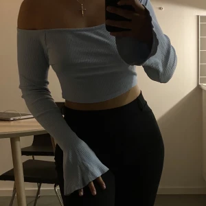 Ljusblå topp med trumpetärmar - Jättefin ljusblåtopp med trumpetarmar. Jag har haft denna topp länge men har nästan aldrig använt den. Ribbad i storlek XS.