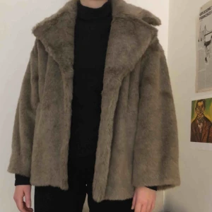  - Gråbrun fuskpällsjacka från Weekday. Sparsamt använd och skulle säga att den passar upp till storlek L beroende på hur oversize man vill att den ska sitta (jag är 180 cm)!