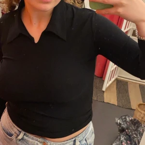 långärmad topp svart: krage - En långärmad svart topp med en skjortliknande krage. Passar mig som är S/ M 