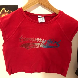 Tommy Hilfiger - Jättefin y2k tröja som är thriftad. Den har korta armar och texten är i glitter.Stretchigt material. Vet inte riktigt vad storleken är men skulle gissa på S men skulle nog passa M eftersom den är stretchig.Croppad av mig
