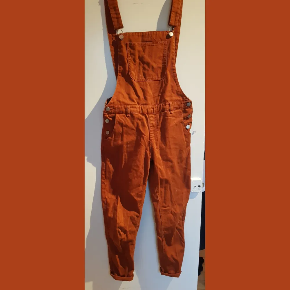 Ett par supersnygga orangea hängslebyxor köpta på monki. Tyvärr för små men riktigt snygga byxor som gör en outfit. Pris +frakt. Jeans & Byxor.
