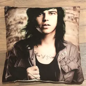 GRATIS FRAKT! Ludet kuddfodral till prydnadskudde med bild på Kellin quinn från sleeping with sirens på ena sidan. Baksida av fodralet är hel vit. INNERKUDDEN INGÅR INTE! Kontakta vi frågor angående mått eller annat :)