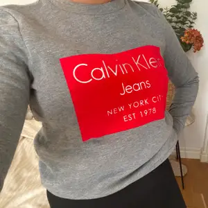 Grå Calvin Klein sweatshirt med rött märke på. I storlek XS men passar både XS och S. Inte använt speciellt många gånger!☺️💗