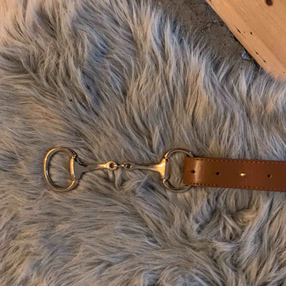 Säljer ett brunt bälte med gulddetaljer från Gina tricot. Aldrig använt då jag missade att lämna tillbaka det, påminner om Gucci horsebit belt. . Accessoarer.