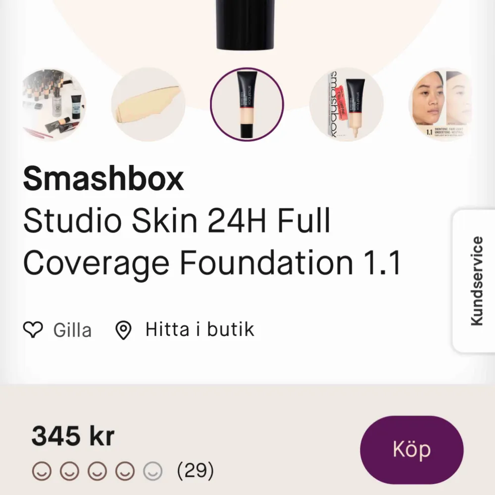 Smashbox studio skin 24H full coverage foundation. Säljer pga använder inte men den ger verkligen perfekt täckning! Inköpt 30 nov 2019 på Kicks men har bara använt den cirka 5 gånger, är som ny🥰 nypris: 345:-. Accessoarer.