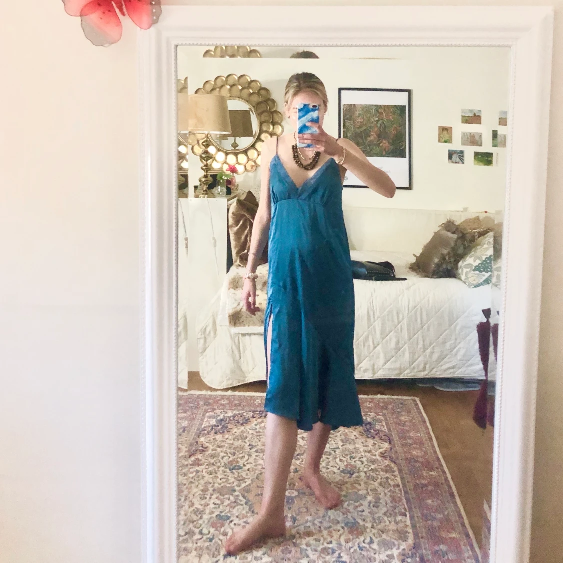 Blue satin midi-dress