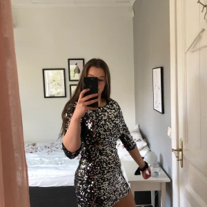 Festklänning  - Använd en gång så den är i fint skick! Paljetter i silver och svart. Passar perfekt till nyårsfesten ;) (jag är 165cm)