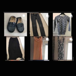  - Säljer detta! Två jättefina klänningar, ett par grå slitna jeans, barnskor, en grå stickad tröja och en lång trikåkjol. Kontakta mig privat för att få mer information: pris & storlek & tydligare bilder osv.☺️