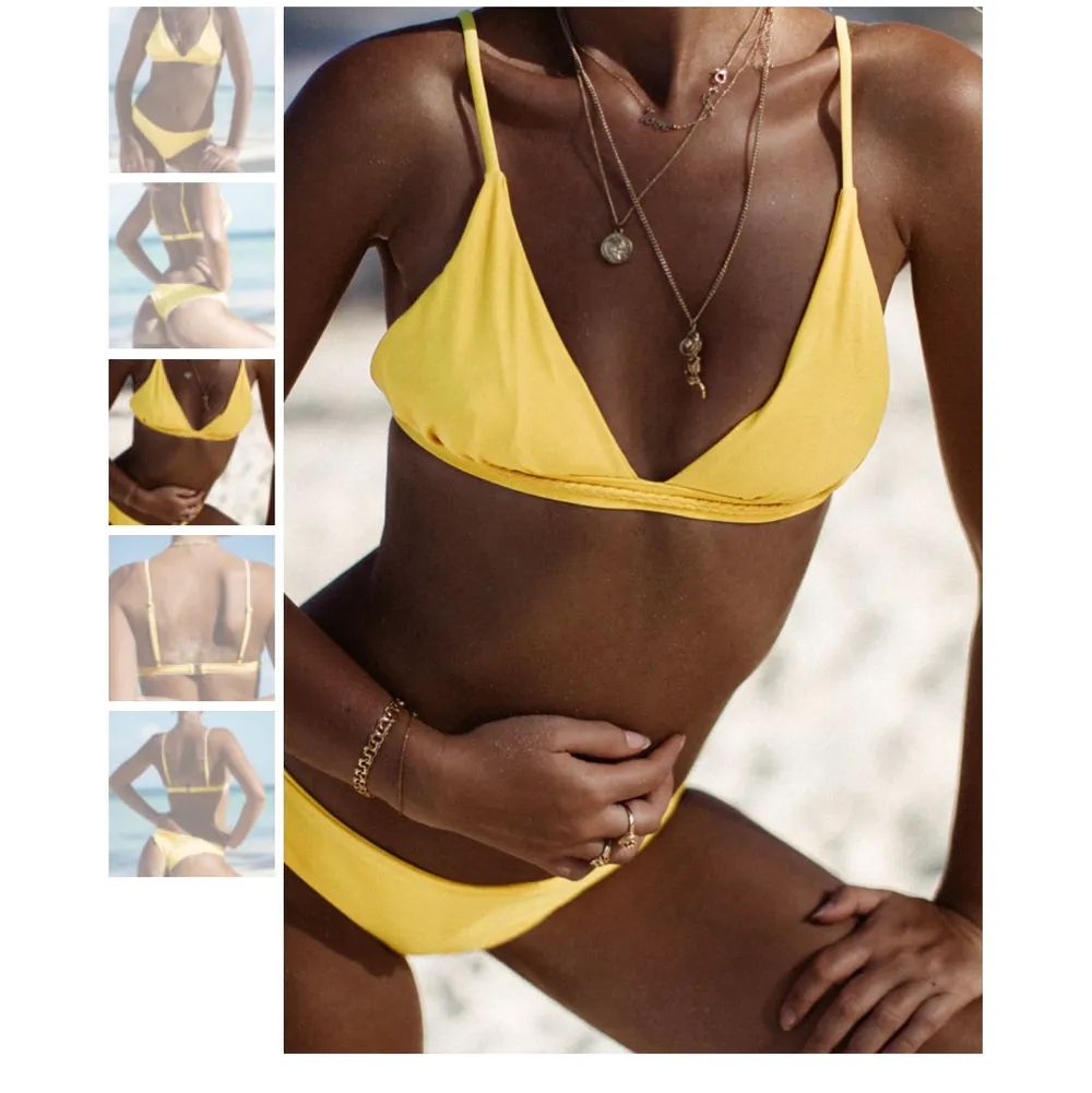 En suuperfin bikini som tyvärr är för liten för mig... färgen är lysande gul, tyvärr gör bilderna inte riktigt rättvisa. Endast provad. Toppen är M (känns som xs-s) och trosan S. Nypris 499 kr. Säljer för 280+frakt på 42 kr. Övrigt.