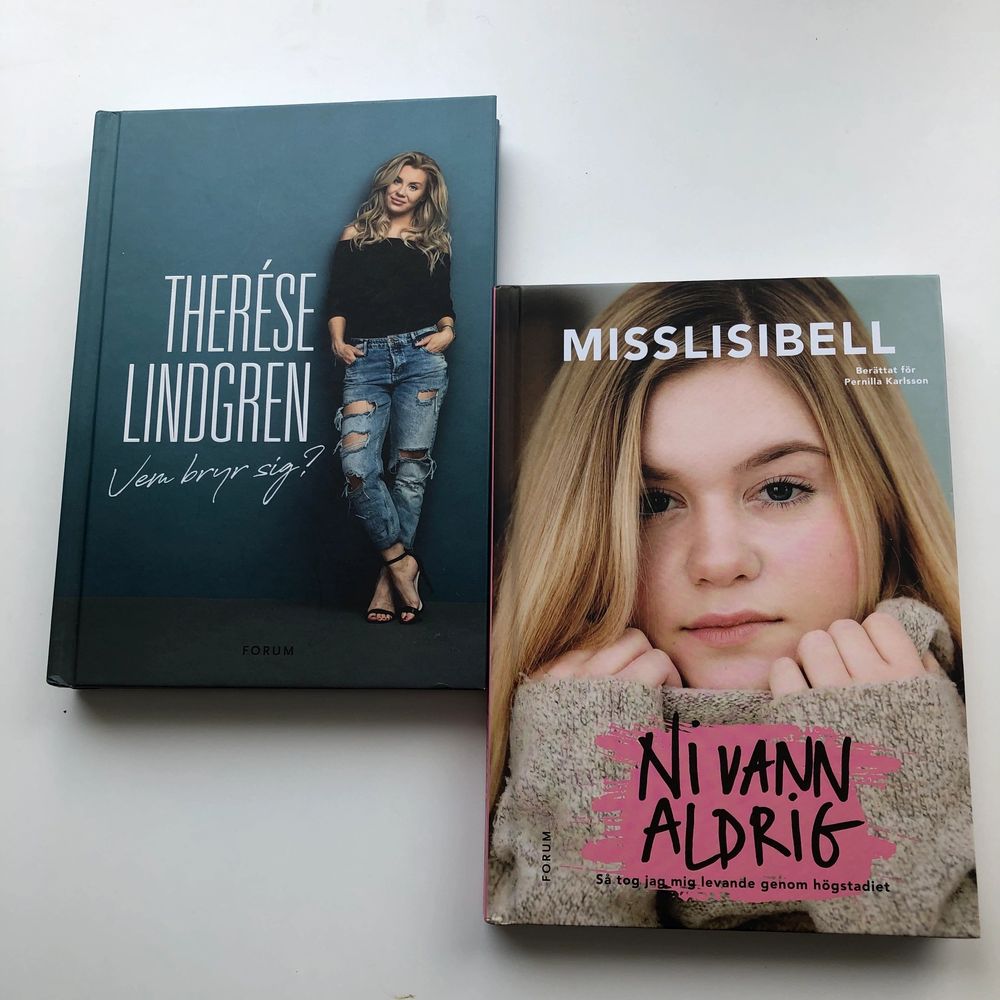 Säljer två böcker från kända influensers. Den första boken är skriven av Therése Lindgren och den heter ”vem bryr sig”. Den andra boken är skriven av Misslissibell/ Lisa Jonsson och heter ”Ni vann aldrig”. Båda böckerna har ett starkt budskap.. Övrigt.
