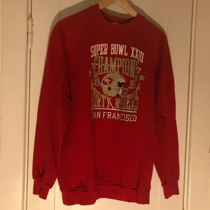 Röd collegetröja från Beyond Retro, L - Snygg röd collegetröja med tryck. Storlek L/42-44. Köpt på Beyond Retro. Kan hämtas upp i Malmö/Stockholm alternativt skickas mot fraktkostnad.
