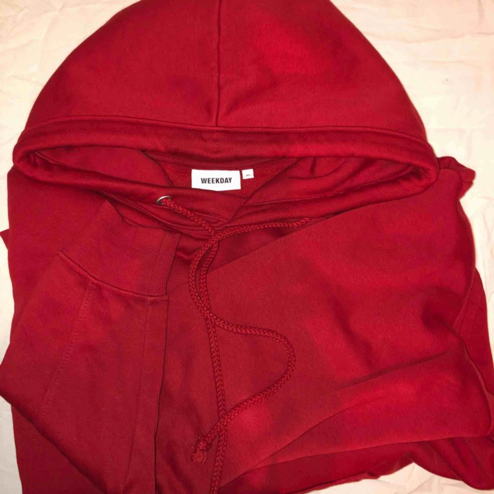 säljer min röda skit snygga hoodie från weekday😩 tyvärr kommer den inte till användning😢 väldigt sparsamt använd❤️ de är en xs, men den är väldigt oversized🌻 frakt ingår i priset💌 (spårbar frakt). Tröjor & Koftor.