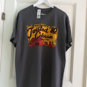 T-shirt (L) med tryck, oanvänd - Mörkgrå herr t-shirt i bomull med tryck. Oanvänd med tags kvar. Köpt på nöjesfältet Six Flags i USA med motiv från berg-och-dalbanan Twisted Colossus som också är en låt av Tyler the Creator :)