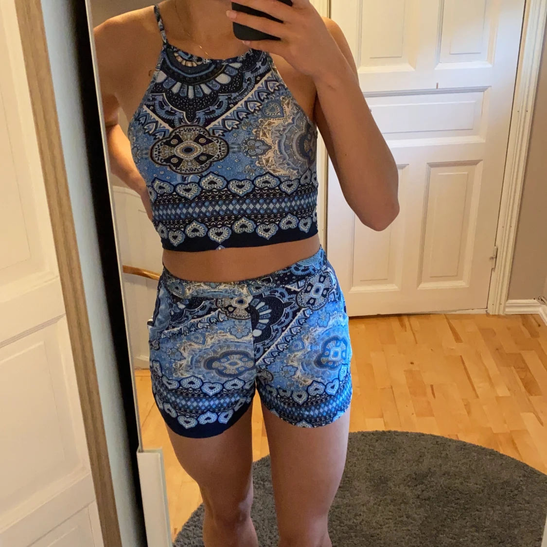 Blått mönstrat set, strl S - 90