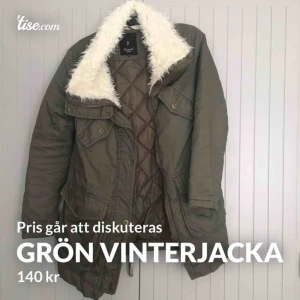  - Grön vinterjacka med vitt (fake) pälsfoder i nacken och längs dragkedjan på vardera sida. I bra skick förutom att de större fickornas knappar är söndriga vilket gör att det inte går att stänga dem helt.   Pris går att diskuteras.  Borås/Göteborg vid möte.