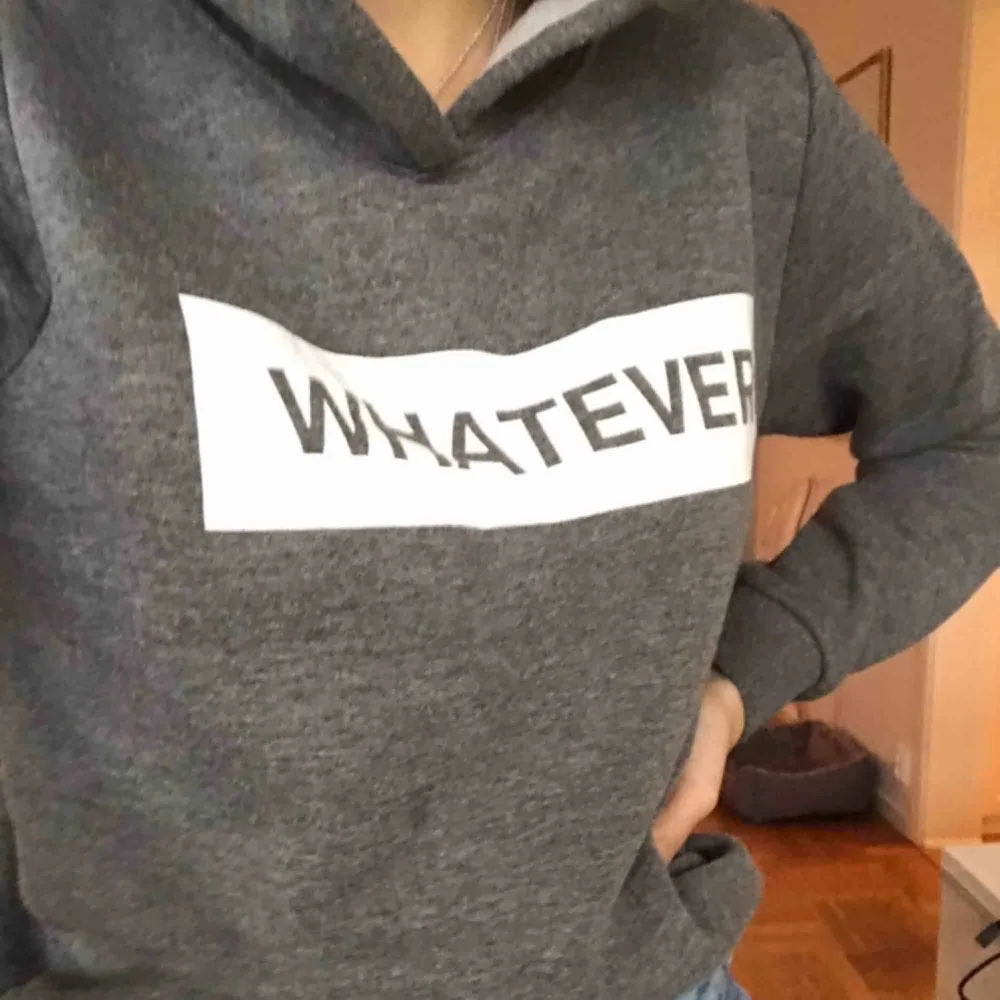 Grå hoodie från Gina tricot med texten ”whatever”. Använd några gånger men i fint skick. Nypris 250kr. Jättemysig inuti och perfekt nu till hösten och vintern🥰 Kan mötas upp i Uppsala eller frakta!. Hoodies.