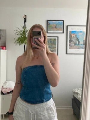 Blå denim tubtopp med dragkedja - Snygg blå tubtopp i denim/jeans. Använd en eller två gånger, inga tecken på användning. Köpt på Bikbok för 200kr. 
