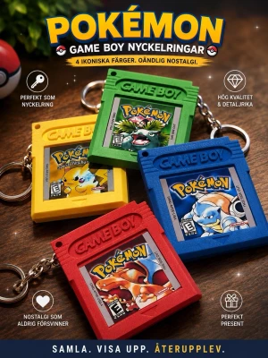 Pokémon Game Boy 4 st nyckelringar - Fyra ikoniska Game Boy-nyckelringar i färgerna röd, blå, gul och grön med Pokémon-tema. Varje nyckelring är formad som ett klassiskt Game Boy-spel och har detaljerade etiketter med olika Pokémonmotiv. Perfekt för dig som älskar retro och vill visa din nördighet.