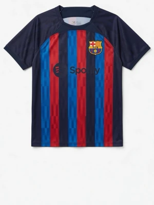 Barcelona t-shirt - Säljer en FC Barcelona matchtröja med klassiska blå och röda vertikala ränder. Tröjan har klubbmärket på bröstet och Spotify-logga på framsidan. Tillverkad i ett lätt och ventilerande material, perfekt för fotboll eller träning.