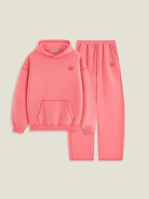 Rosa hoodie och mjukisbyxor set - Säljer ett snyggt loungewear-set i rosa med hoodie och matchande mjukisbyxor. Hoodien har känguruficka och byxorna har dragsko i midjan. Perfekt för chill dagar hemma. Mjukt material och avslappnad passform.